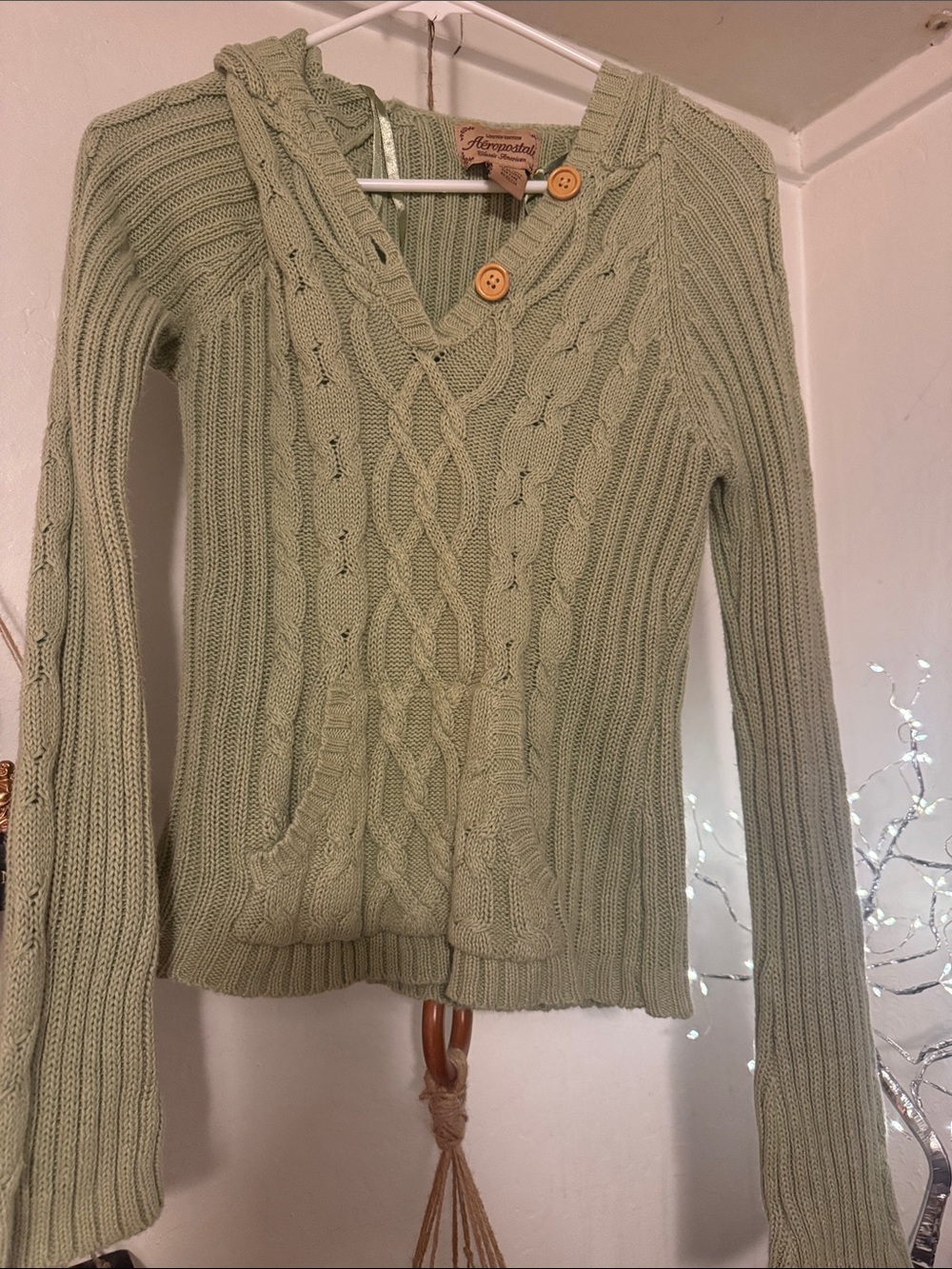 Y2K Aeropostale Sage Green V-Neck Cable Knit Sweater with Button Detail